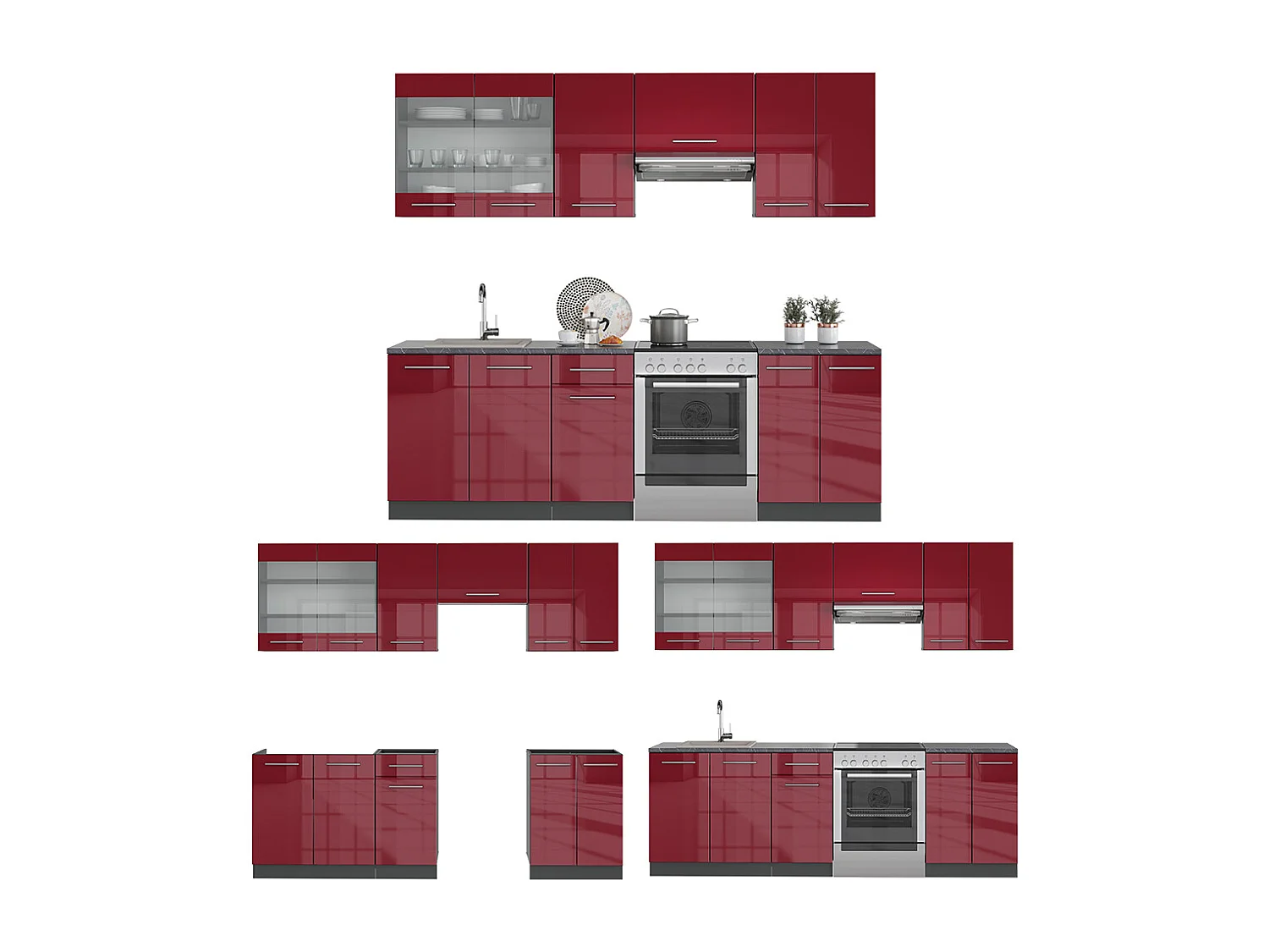 Armarios de cocina rojo burdeos alto brillo 240x46x81.6 fame-line