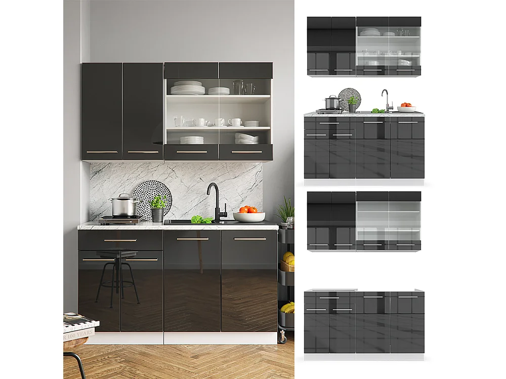 Cuisine anthracite brillant/blanc 140x60x81.6 fame-line