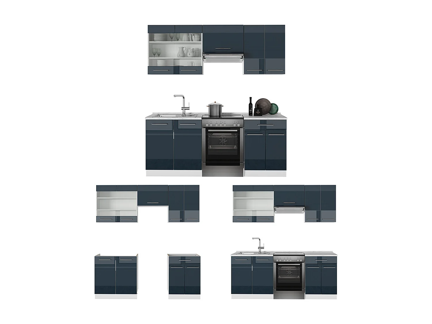 Armoires de cuisine  bleu foncé brillant/blanc 200x60x81.6 fame-line