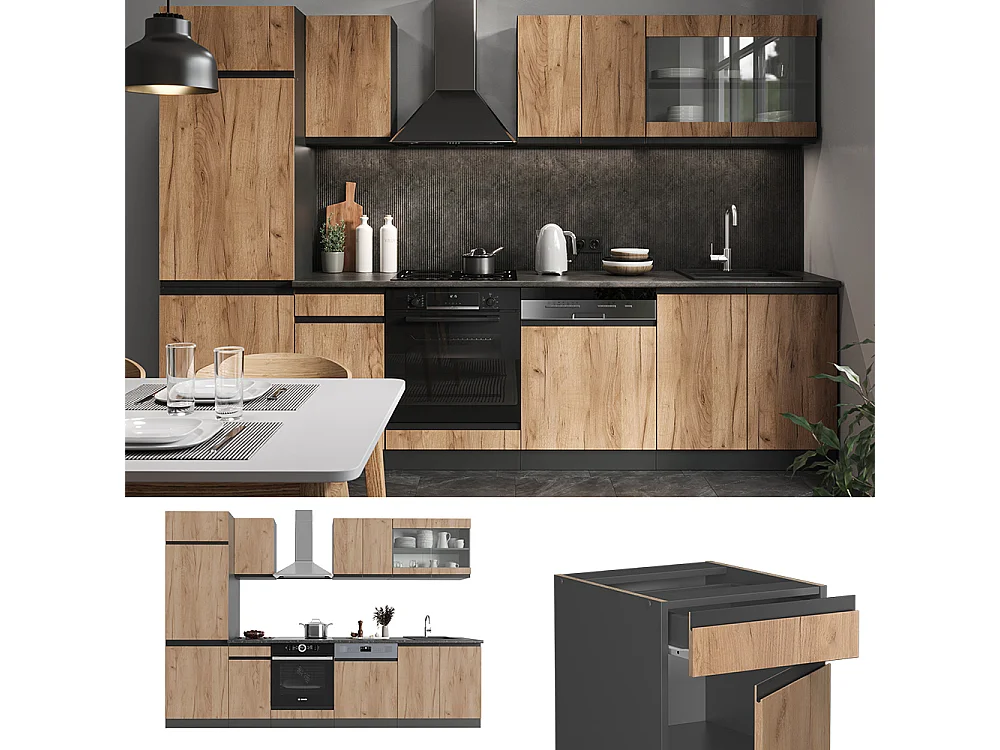 Küchenzeile goldkraft eiche/anthrazit 300x60x81.6 r-line