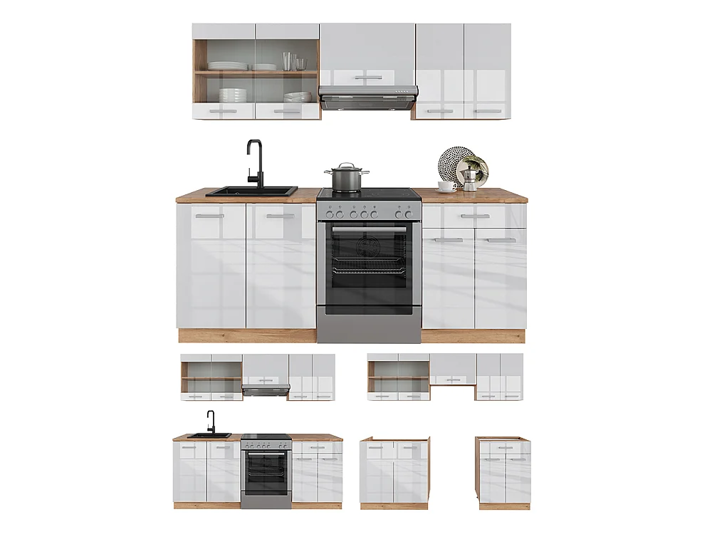 Cuisine blanc brillant/chêne doré 200x60x81.6 r-line