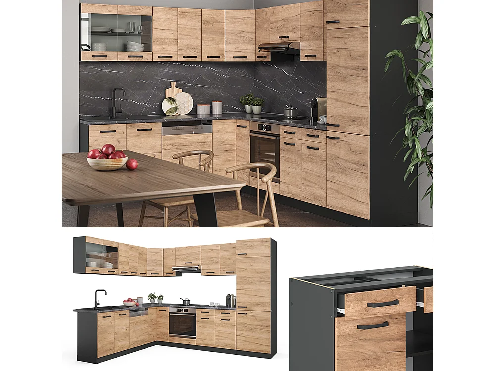 Hjørnekøkken gylden eg/antracit 287x60x81.6 r-line