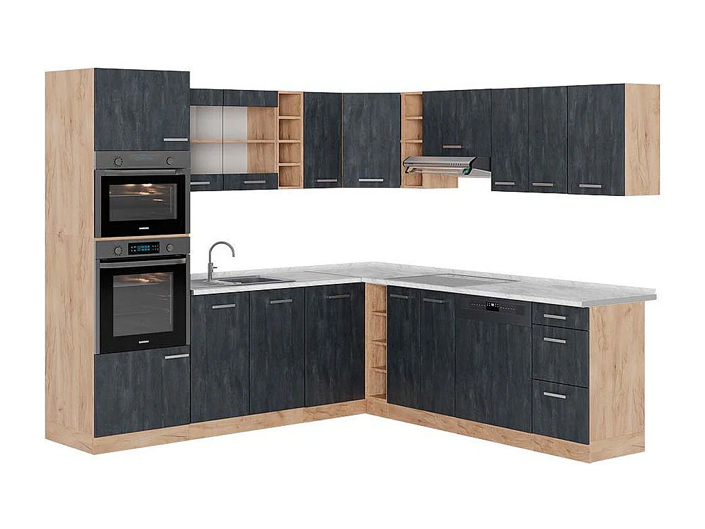 Cucina angolare completa calcestruzzo nero/quercia dorata 247x60x81.6 r-line