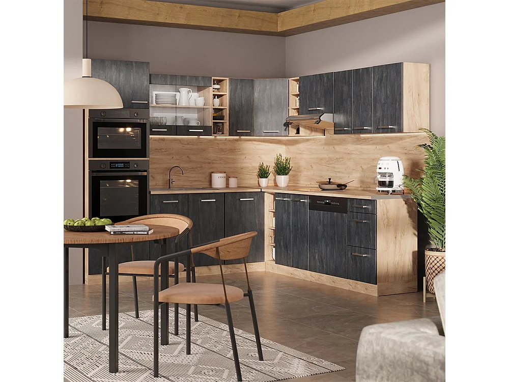 Cuisine en angle béton noir/chêne de force doré 247x60x81.6 r-line