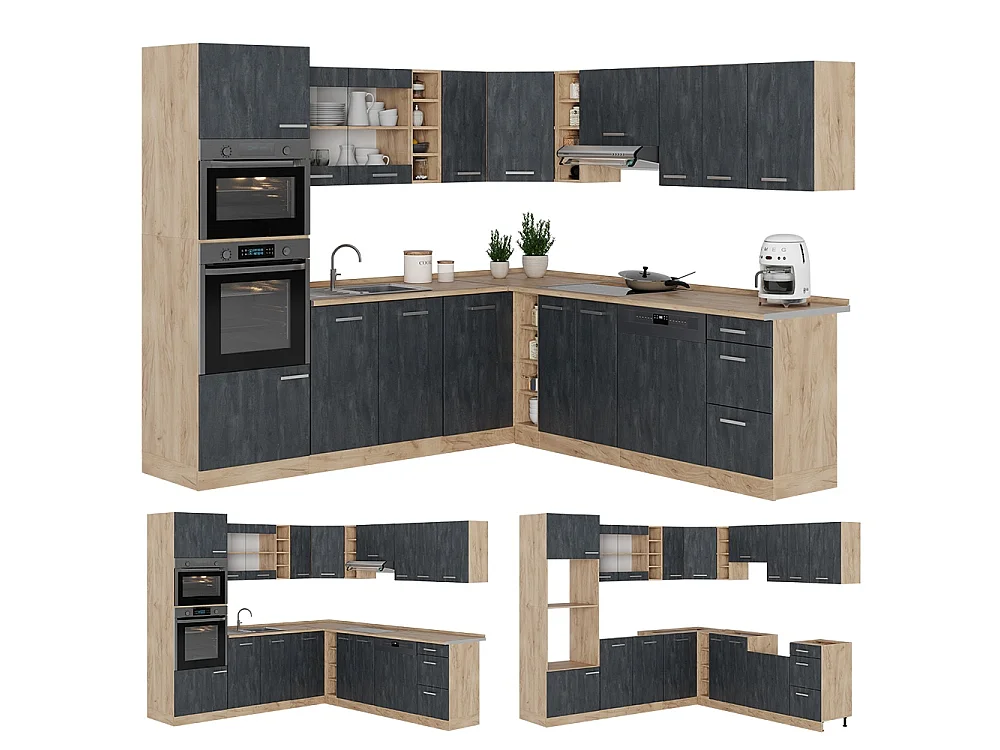 Cuisine en angle béton noir/chêne de force doré 247x60x81.6 r-line