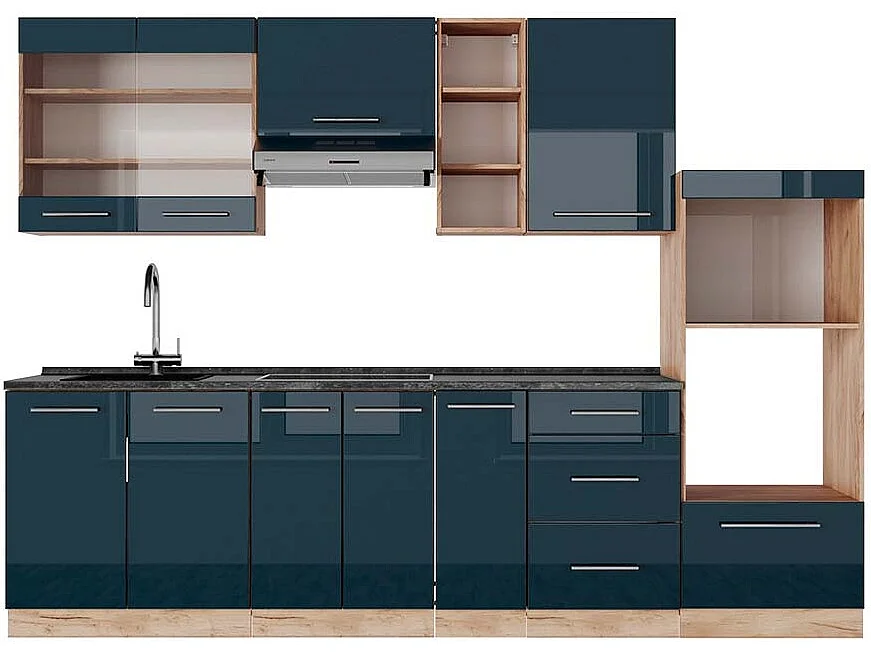 Küchenzeile dunkelblau hochglanz/goldkraft eiche 280x60x81.6 fame-line