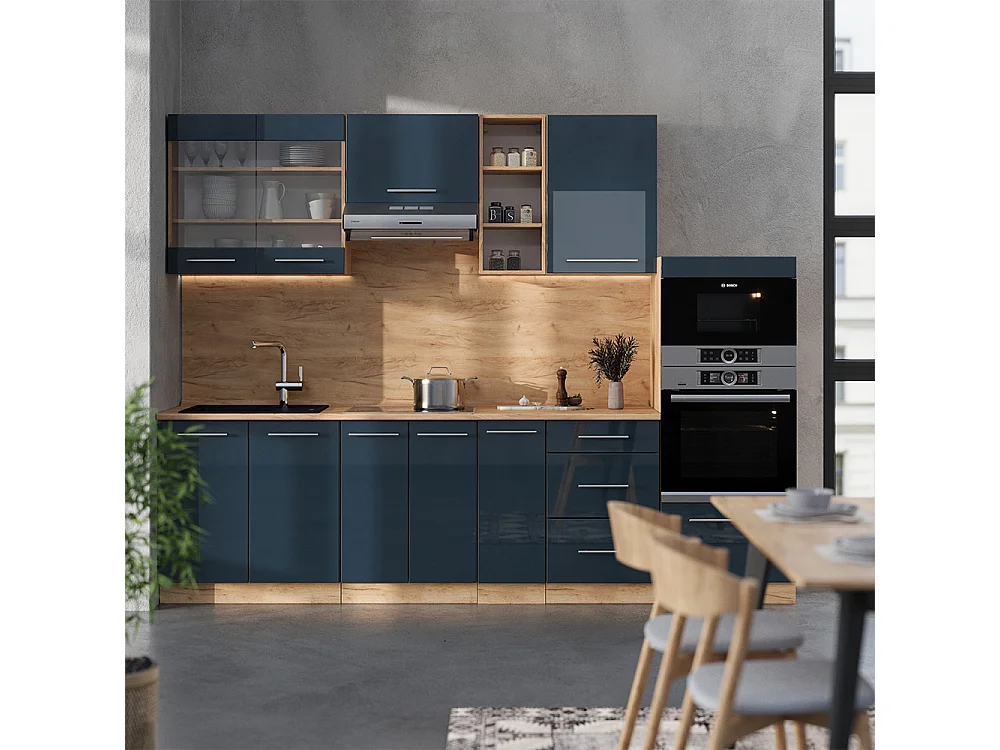 Cuisine bleu foncé brillant/chêne doré 280x60x81.6 fame-line
