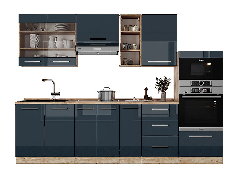 Cuisine bleu foncé brillant/chêne doré 280x60x81.6 fame-line