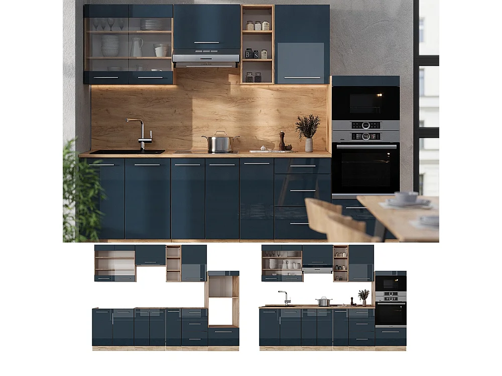Køkkenrække mørkeblå højglans/gylden eg 280x60x81.6 fame-line