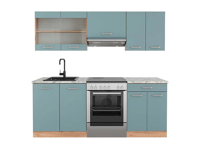 Cuisine bleu-gris/chêne doré 200x60x81.6 r-line