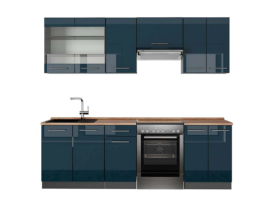 Mueble de cocina azul oscuro alto brillo/antracita 240x60x81.6 fame-line
