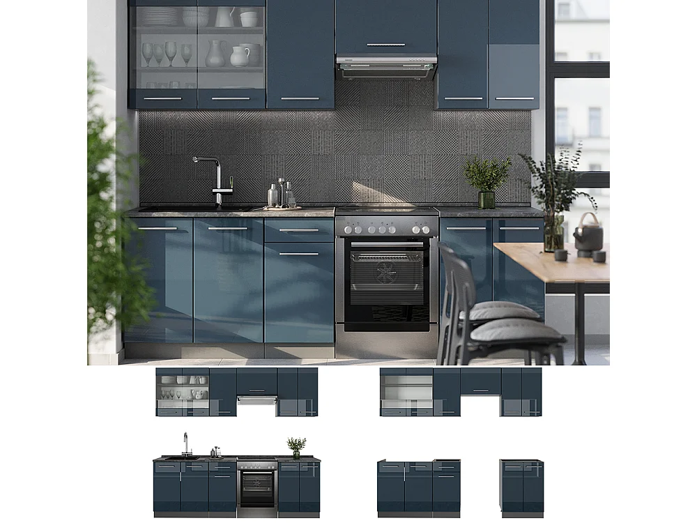 Mueble de cocina azul oscuro alto brillo/antracita 240x60x81.6 fame-line