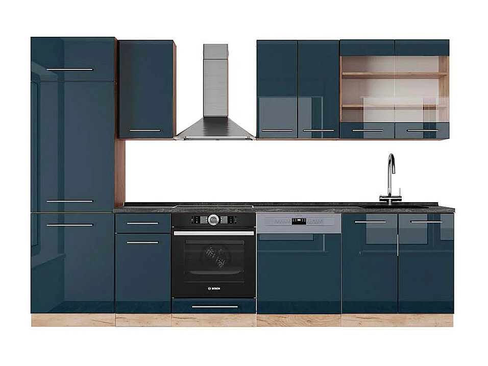 Cuisine bleu foncé brillant/chêne doré 300x60x81.6 fame-line