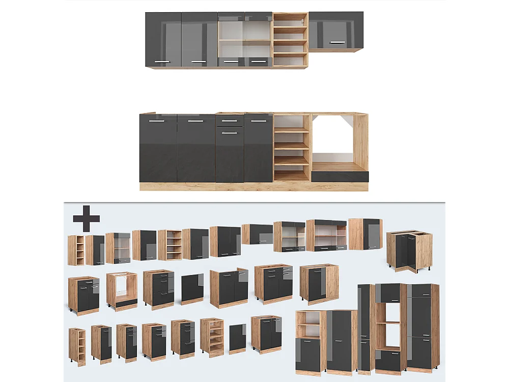 Mueble de cocina antracita brillo intenso/roble dorado eléctrico 240x60x81.6 r-line