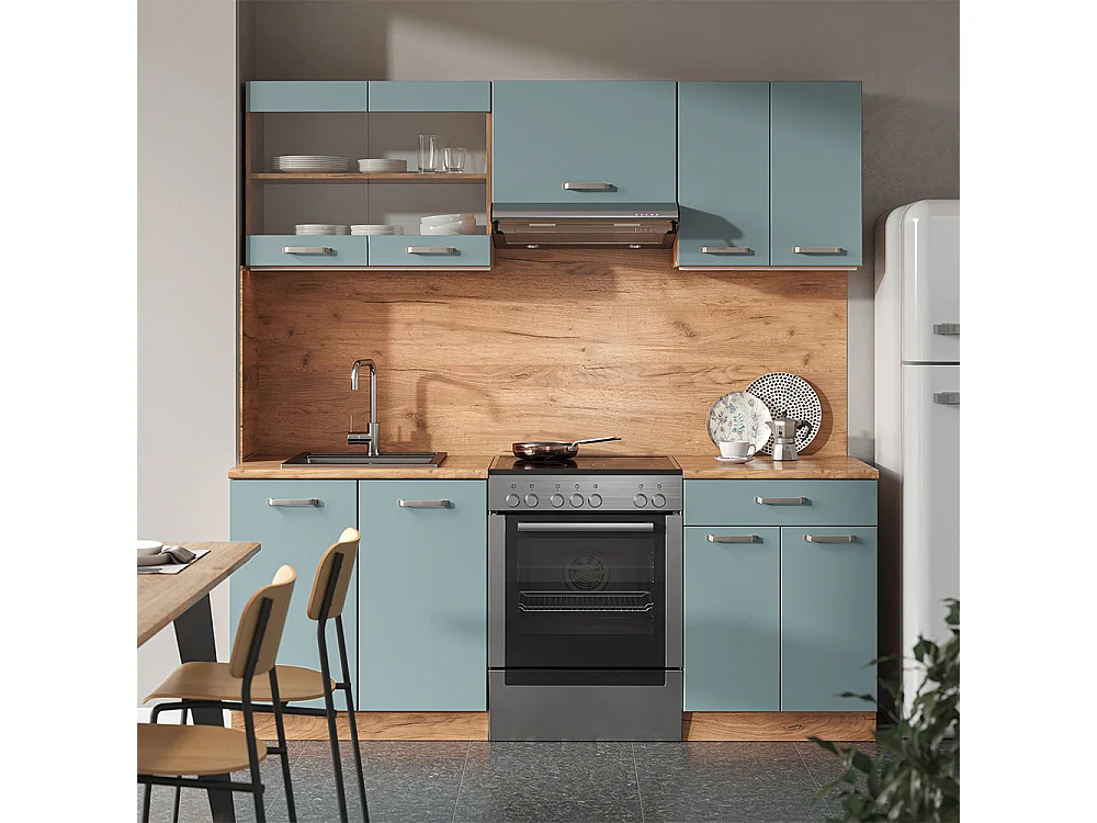 Cuisine bleu-gris/chêne doré 200x46x81.6 r-line