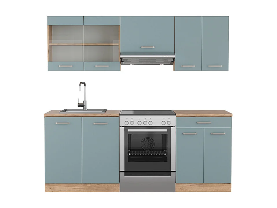 Cuisine bleu-gris/chêne doré 200x46x81.6 r-line