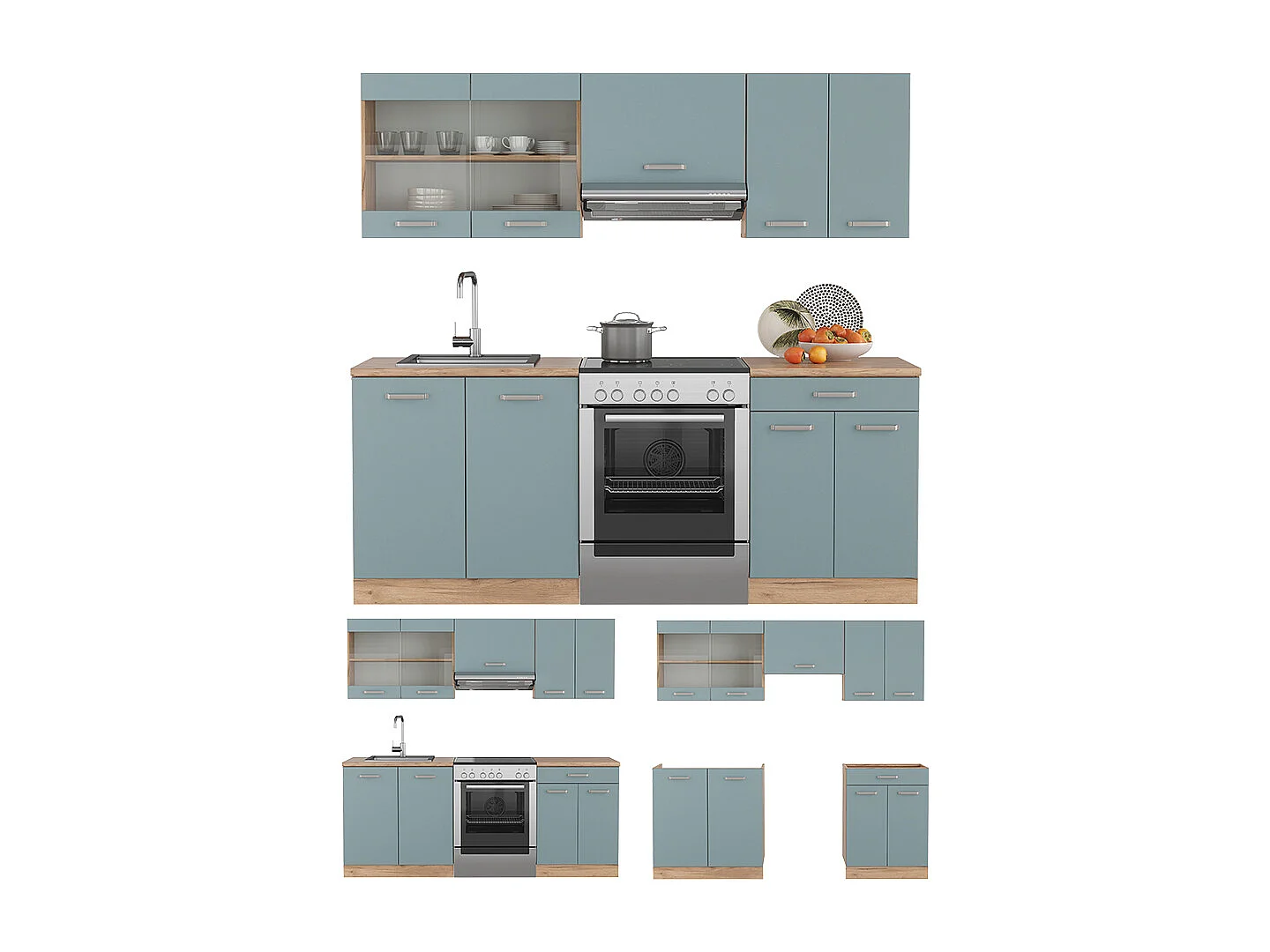 Cuisine bleu-gris/chêne doré 200x46x81.6 r-line