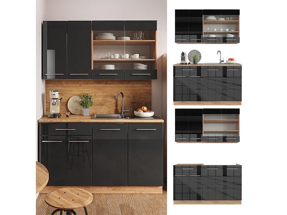 Singleküche anthrazit hochglanz/goldkraft eiche 140x60x81.6 fame-line