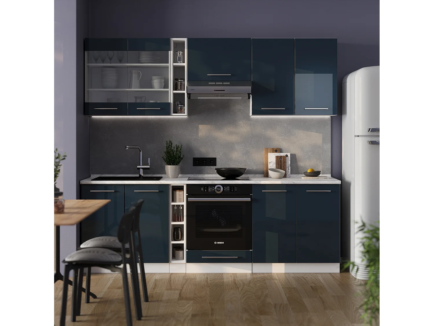 Muebles de cocina  azul oscuro alto brillo/blanco 235x46x81.6 fame-line