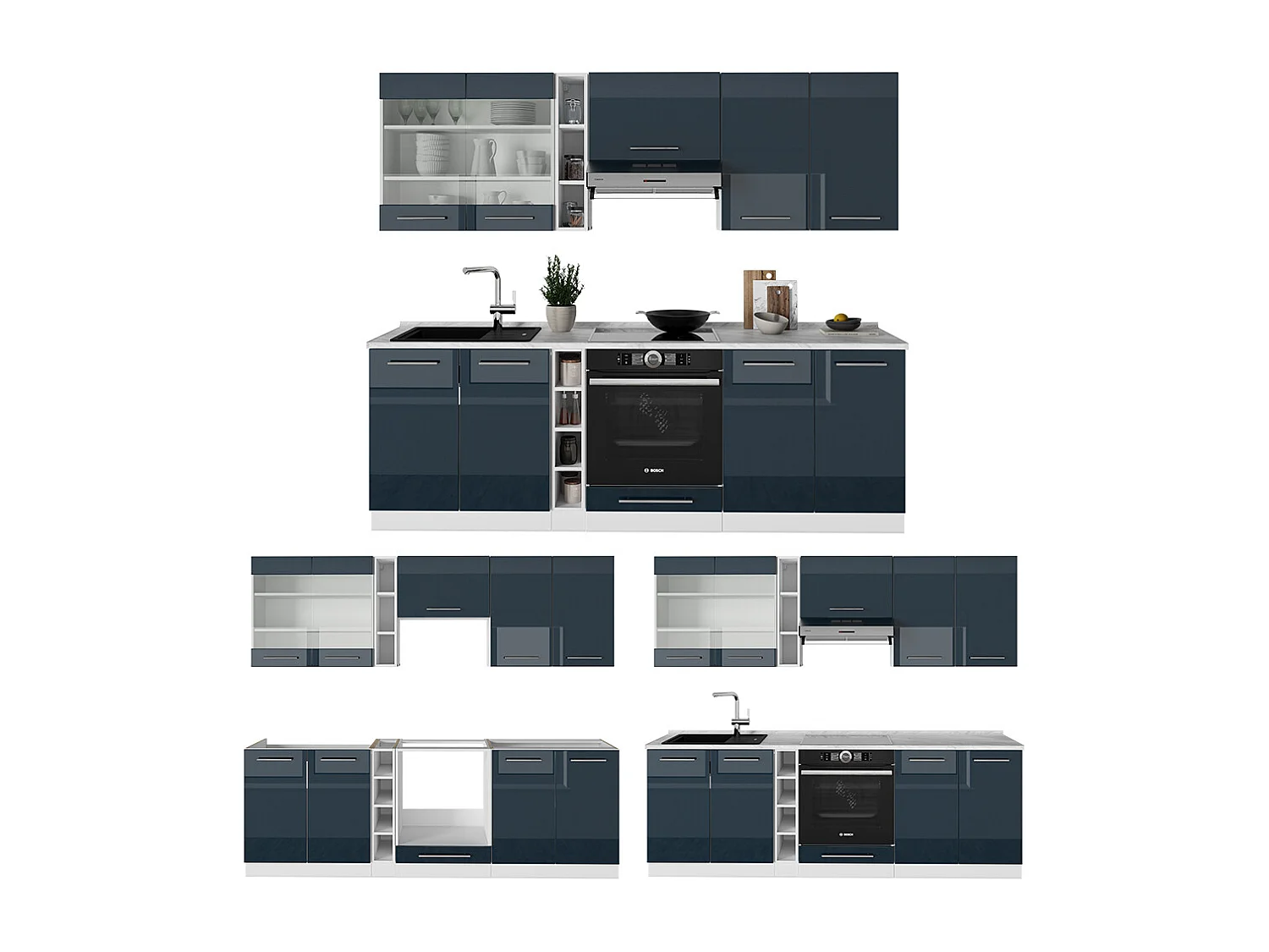 Kitchenette bleu foncé brillant/blanc 235x46x81.6 fame-line