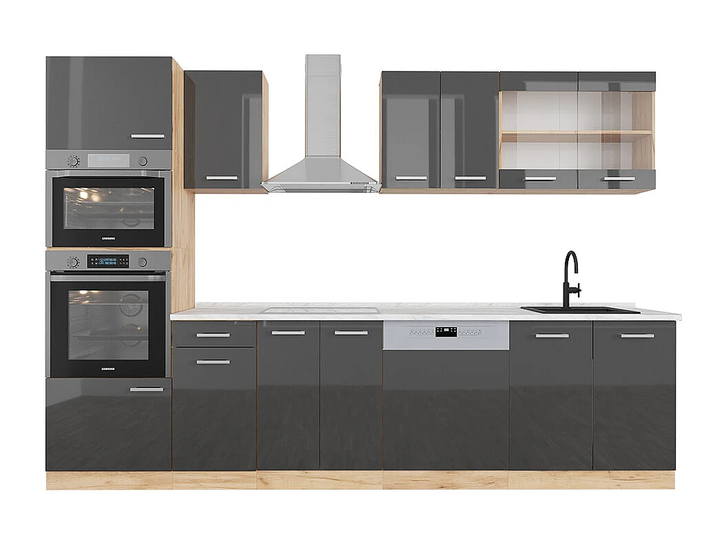 Complete keukeneenheid antraciet hoogglans/goud eiken 300x60x81.6 r-line