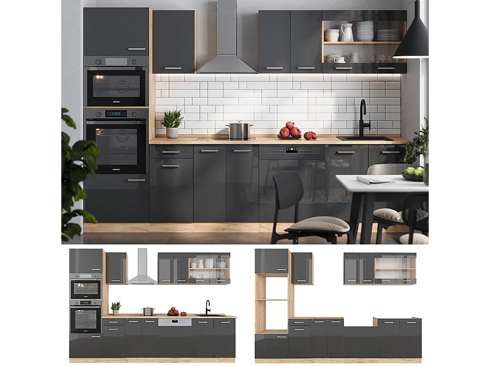 Complete keukeneenheid antraciet hoogglans/goud eiken 300x60x81.6 r-line