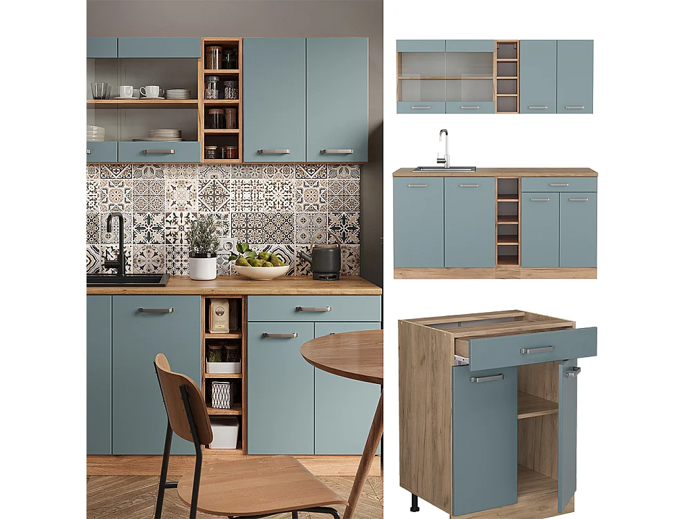 Cuisine bleu-gris/chêne doré 160x60x81.6 r-line