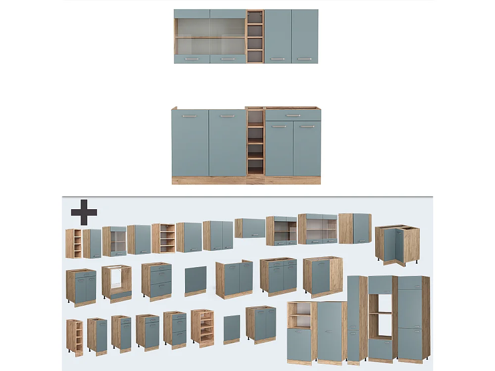 Cuisine bleu-gris/chêne doré 160x60x81.6 r-line