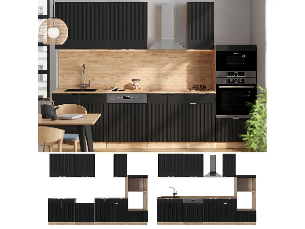 Cuisine noir rayé/chêne doré 300x60x81.6 fame-line