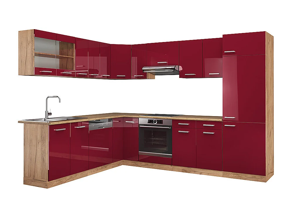 Cocina esquinera rojo brillo intenso/roble dorado 287x46x81.6 r-line