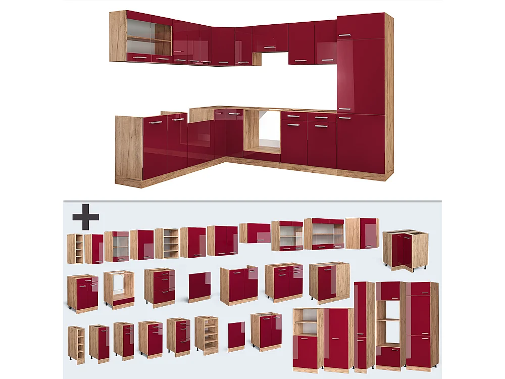 Cocina esquinera rojo brillo intenso/roble dorado 287x46x81.6 r-line