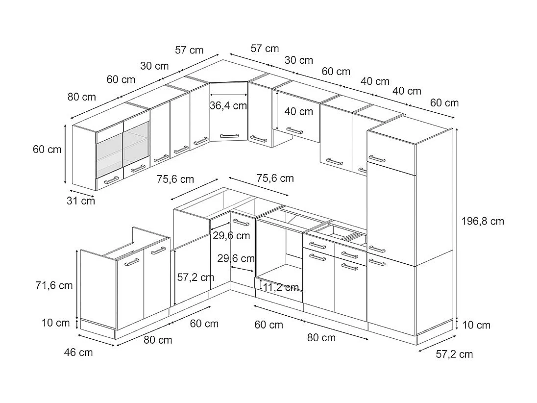 Cuisine en angle rouge brillant/chêne doré 287x46x81.6 r-line