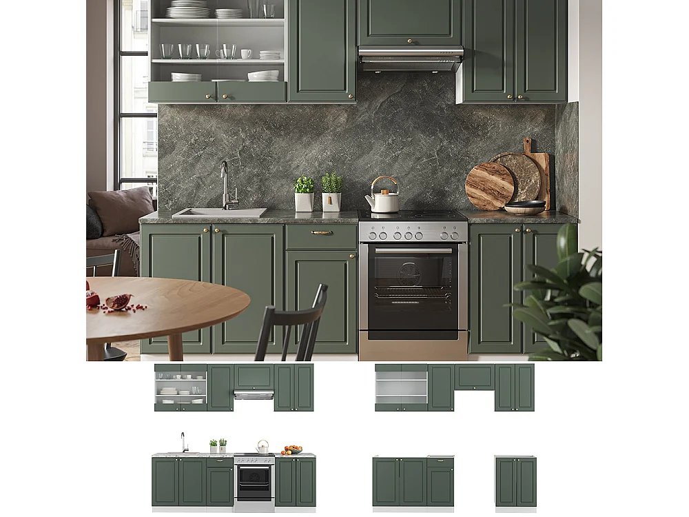 Cuisine vert-or landhaus/blanc 240x60x81.6 fame-line