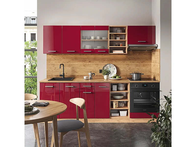Mueble de cocina rojo brillo intenso/roble dorado 240x46x81.6 r-line