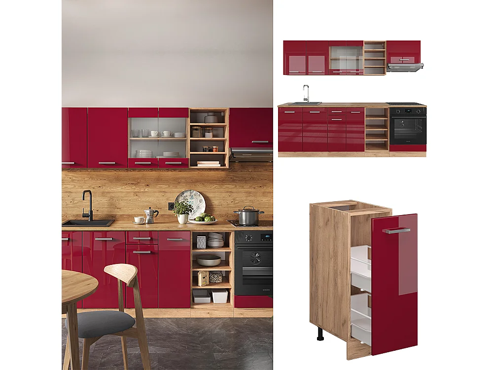 Cucina componibile rosso lucido/rovere dorato 240x46x81.6 r-line