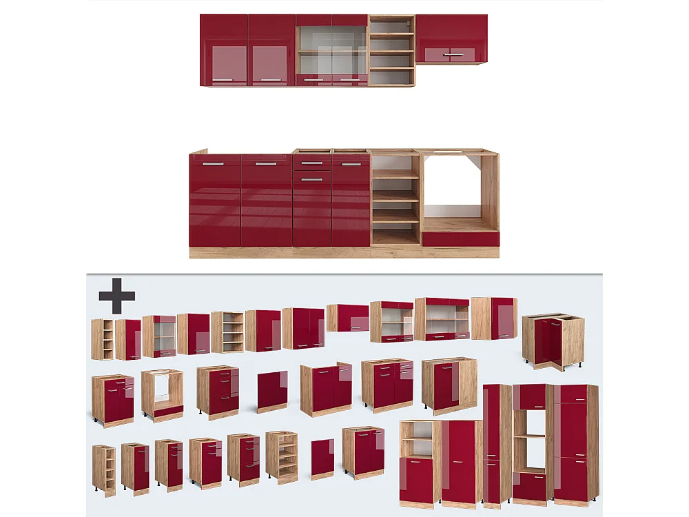 Cucina componibile rosso lucido/rovere dorato 240x46x81.6 r-line