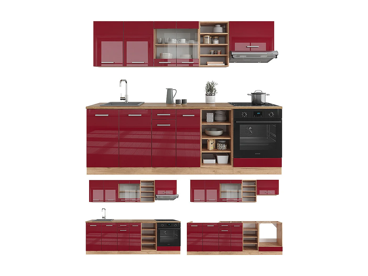 Cucina componibile rosso lucido/rovere dorato 240x46x81.6 r-line
