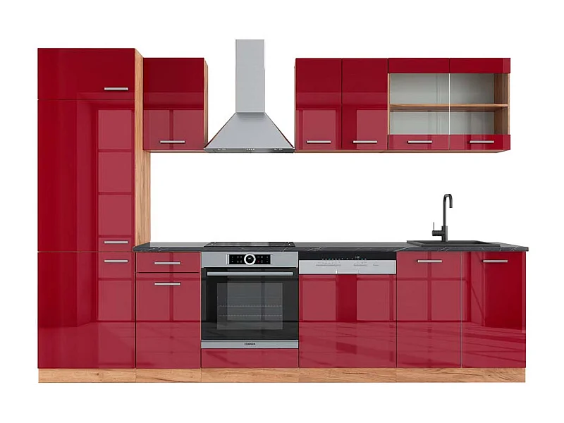 Mueble de cocina rojo brillo intenso/roble dorado 300x60x81.6 r-line