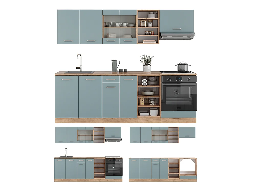 Cuisine bleu-gris/chêne doré 240x60x81.6 r-line