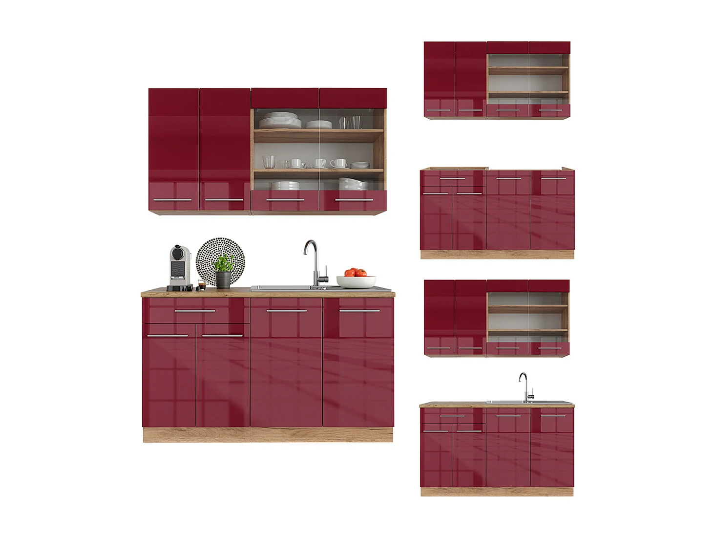 Cuisine bordeaux brillant/chêne doré 140x60x81.6 fame-line