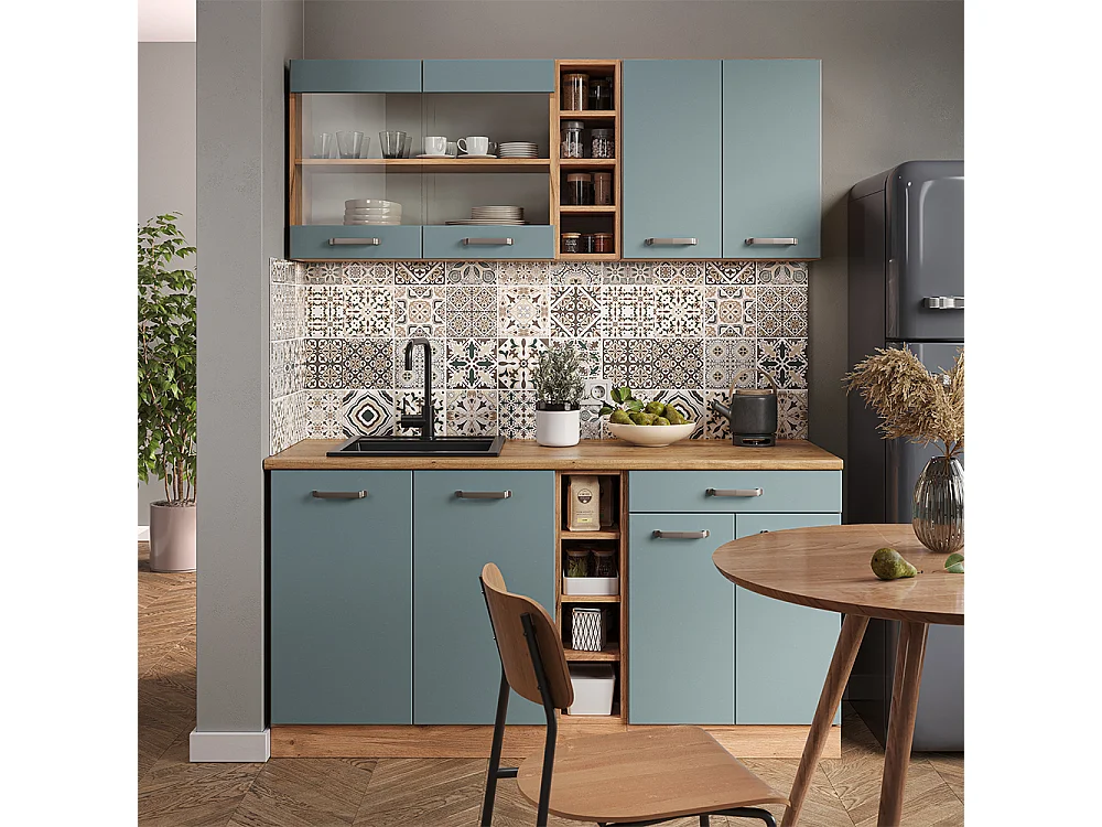 Cuisine bleu-gris/chêne doré 160x60x81.6 r-line