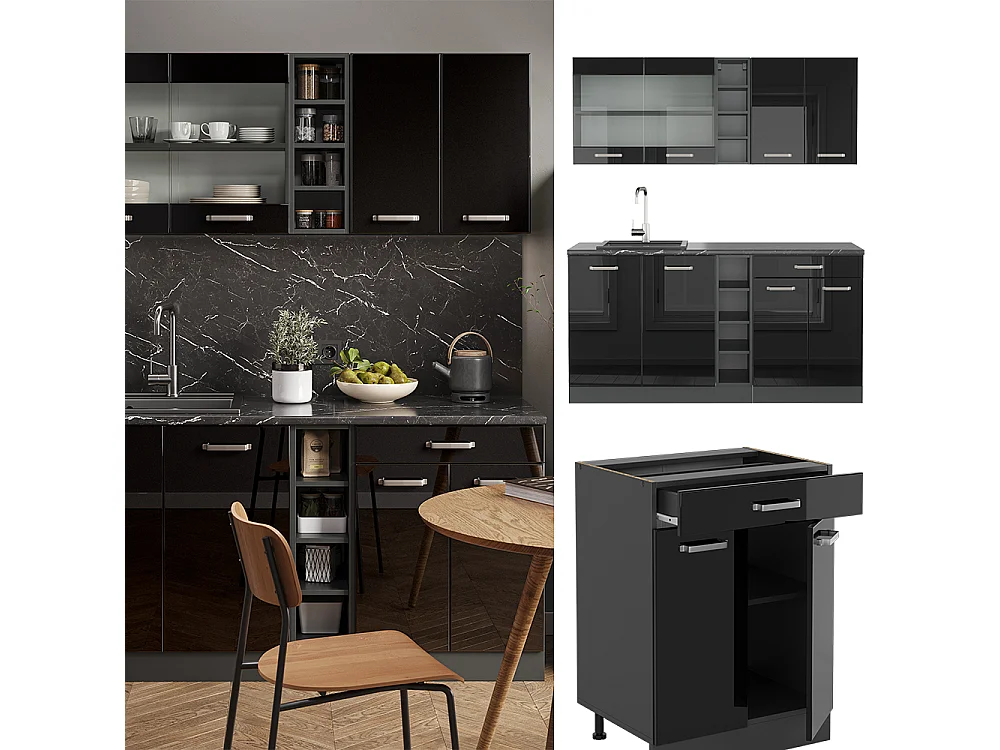 Cuisine noir brillant/anthracite 160x60x81.6 r-line