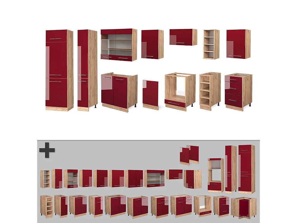 Mueble de cocina burdeos brillo intenso/roble dorado 355x46x81.6 fame-line