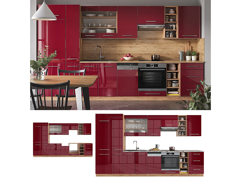 Cucina componibile bordeaux lucido/rovere dorato 355x46x81.6 fame-line
