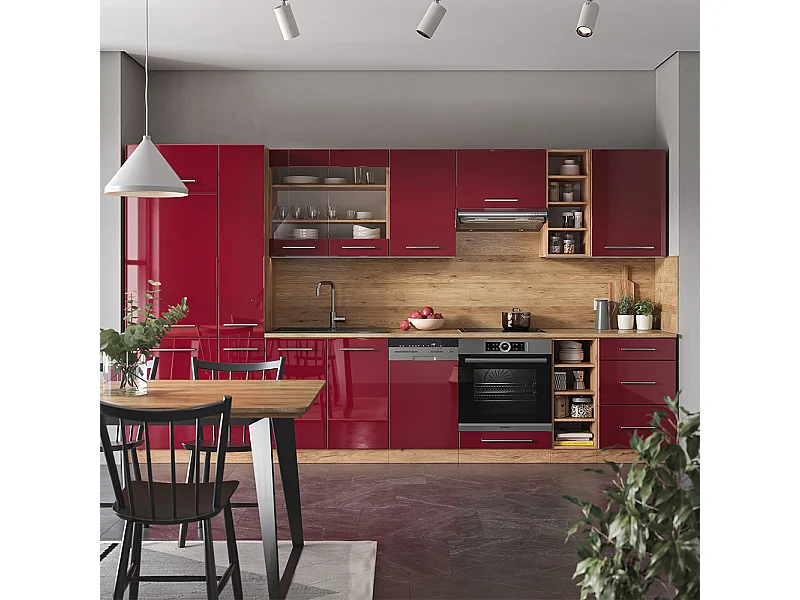 Complete keukeneenheid bordeaux hoogglans/gouden eik 355x46x81.6 fame-line
