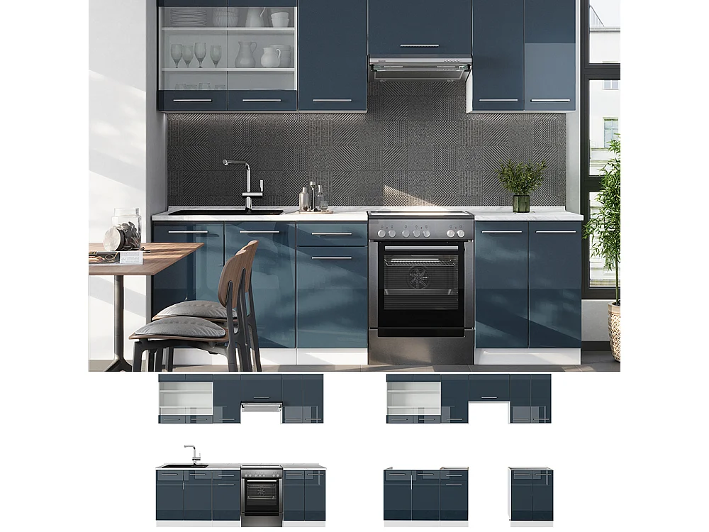 Muebles de cocina  azul oscuro alto brillo/blanco 240x46x81.6 fame-line