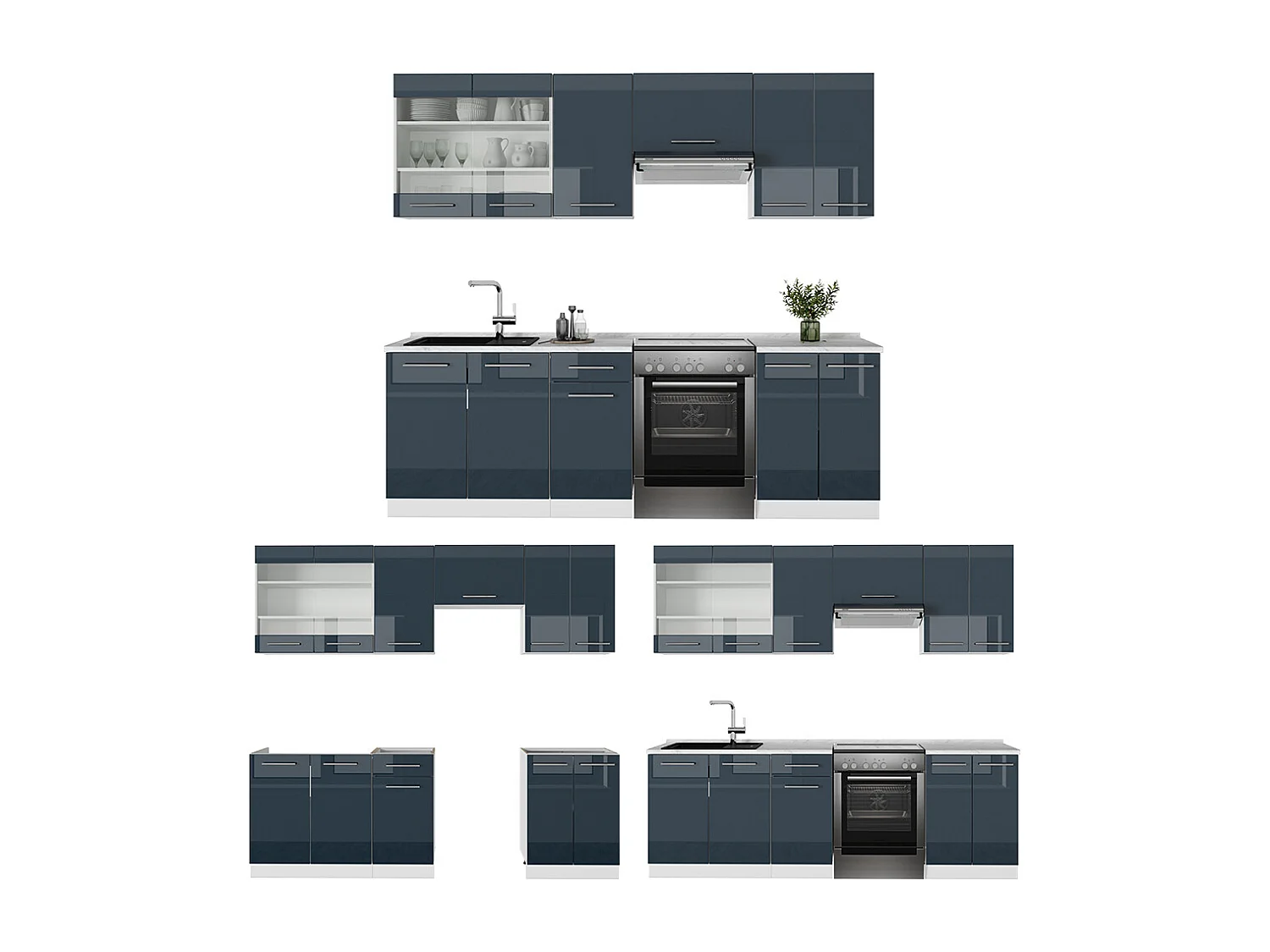 Küchenzeile dunkelblau hochglanz/weiß 240x46x81.6 fame-line