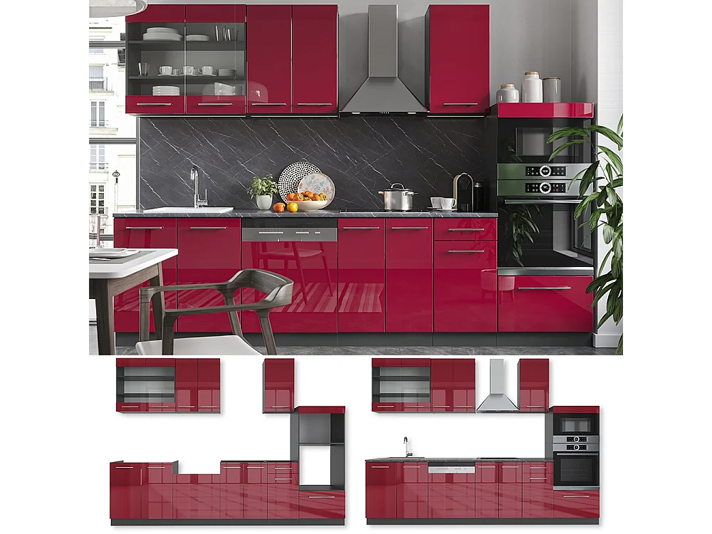 Mueble de cocina burdeos brillo intenso/antracita 300x60x81.6 fame-line