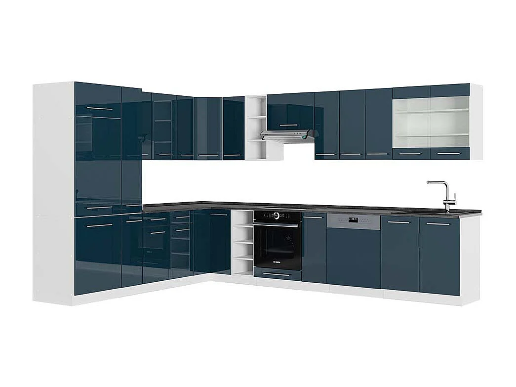 Cocina esquinera azul oscuro alto brillo/blanco 347x60x81.6 fame-line