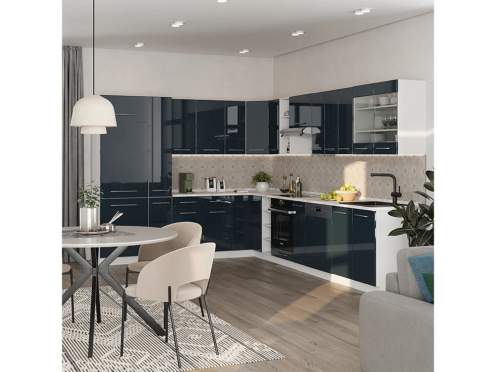 Hörnkök mörkblå högblank/vit 347x60x81.6 fame-line